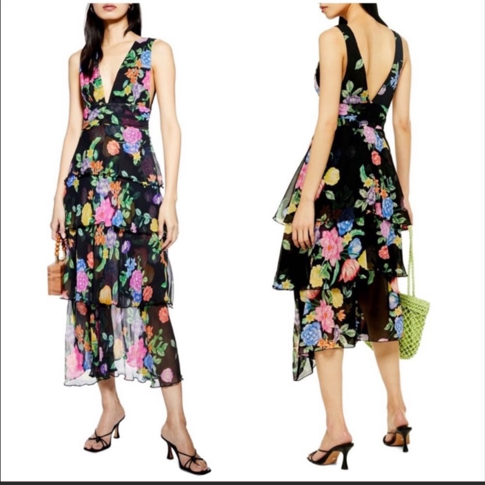TOPSHOP Black Floral Pinafore Plunge Dress NWT